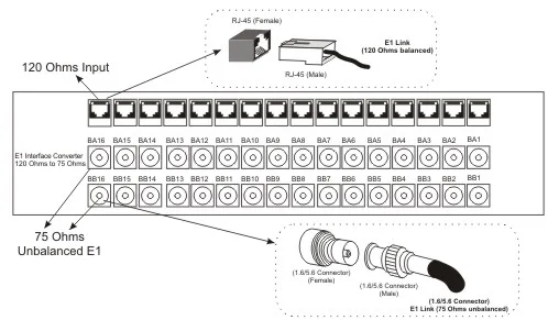 Shelf image: 16 x E1 120 Ohms / 75 Ohms Converter 